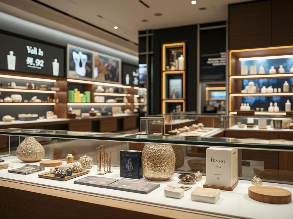 Interior de una tienda con estantes iluminados mostrando productos de diseño y libros.