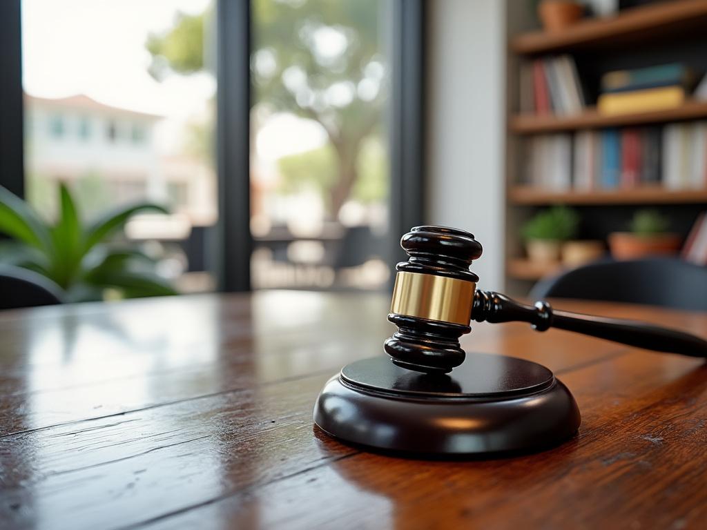Mazo de juez sobre mesa de madera en oficina iluminada, con estanterías y plantas al fondo
