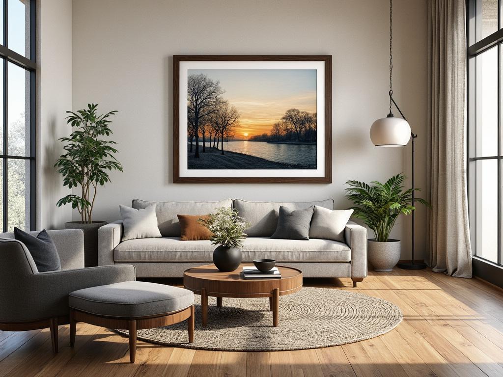 Modern living room with a large sofa, armchair, wooden coffee table, indoor plants, and a framed sunset landscape on the wall.