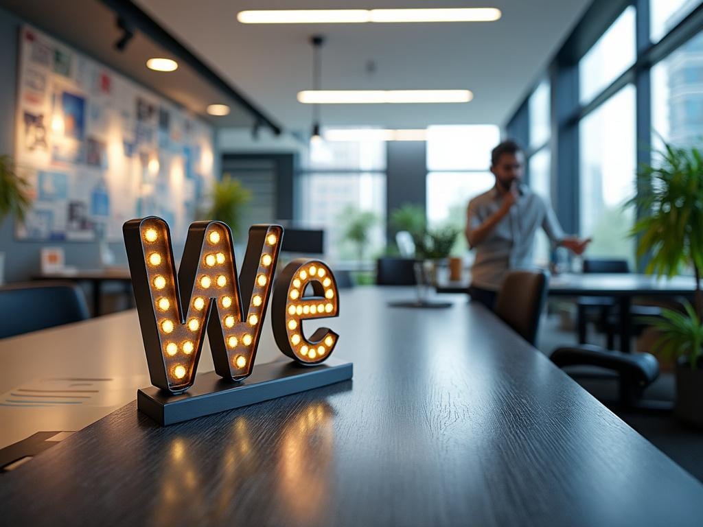 Oficina moderna con la palabra 'We' iluminada sobre la mesa y una persona hablando por teléfono en el fondo. Oficina moderna con la palabra 'We' iluminada sobre la mesa y una persona hablando por teléfono en el fondo.