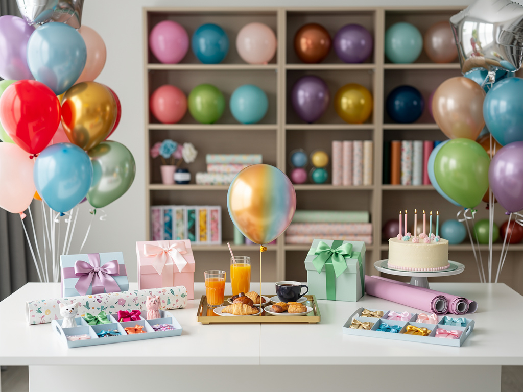 Fiesta de cumpleaños pastel con globos coloridos, regalos, pastel con velas y mesa decorada