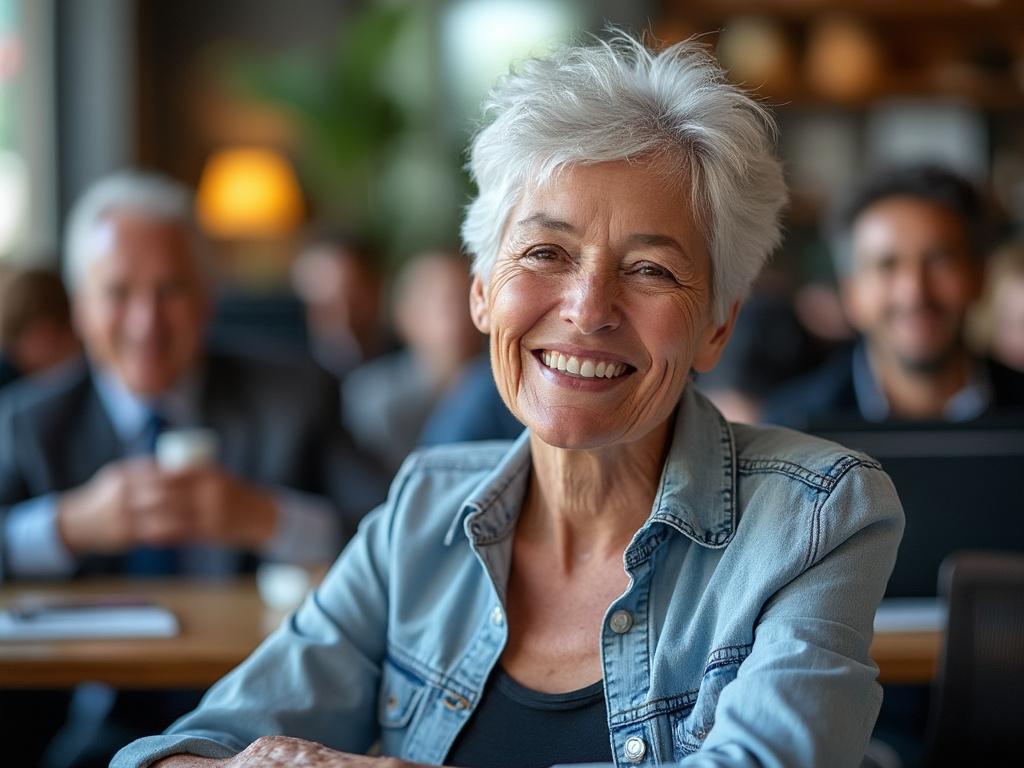 Mujer mayor sonriente con cabello gris, usando chaqueta de mezclilla, sentada en una cafetería concurrida.