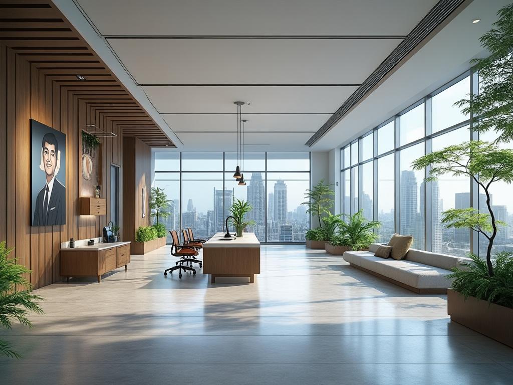 Oficina moderna y luminosa con grandes ventanales y plantas, vista de la ciudad al fondo.