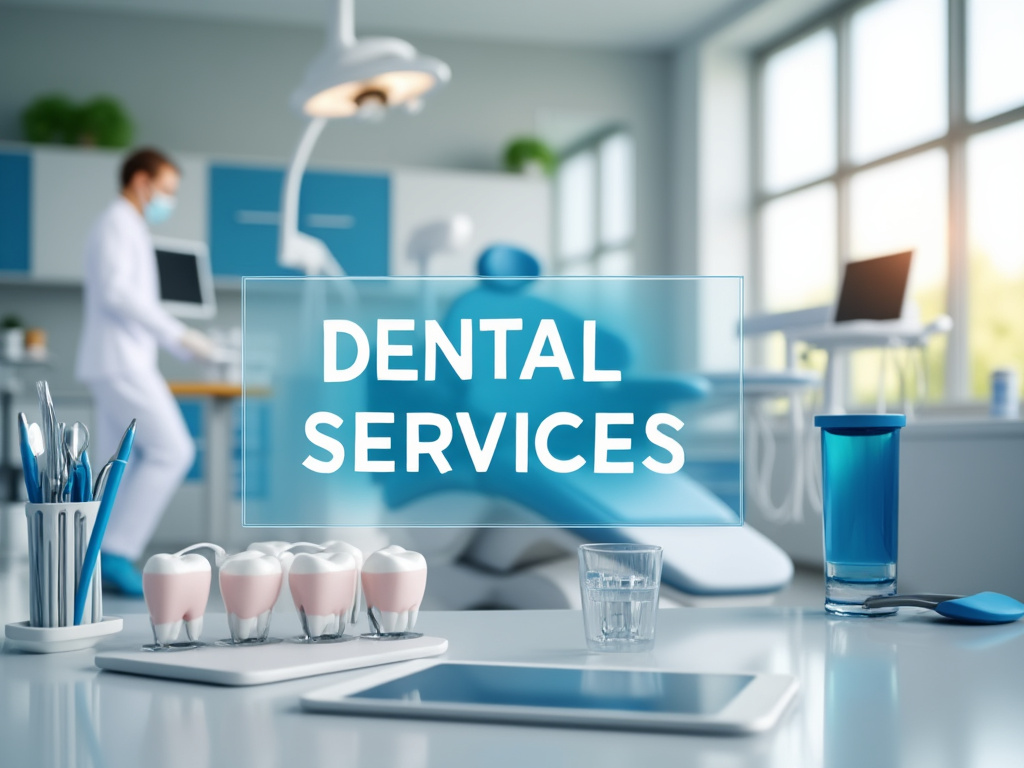 Consultorio dental moderno con equipo, herramientas y texto 'Dental Services' en un entorno limpio y profesional.