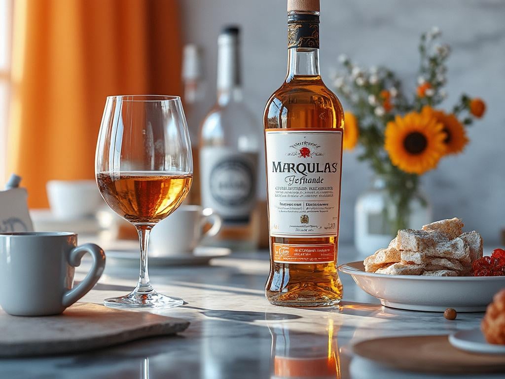 Botella de licor junto a copa de cristal llena, decoraciones de girasoles y dulces sobre mesa.