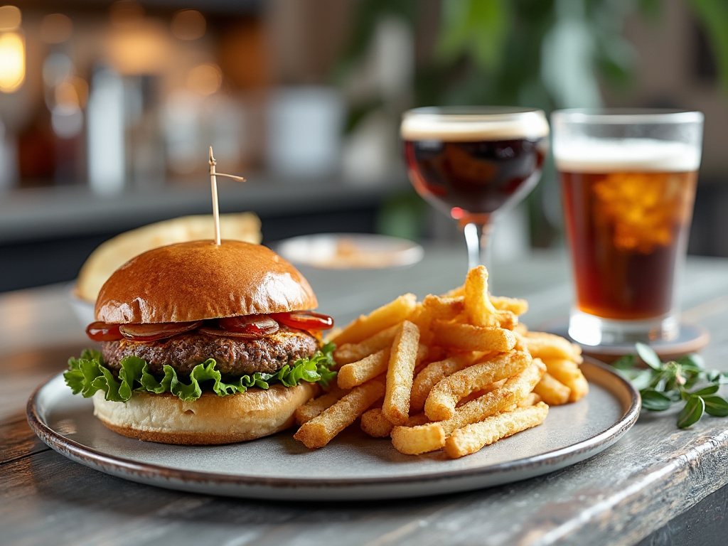 Hamburguesa con lechuga y tomate al lado de papas fritas en un plato, con dos vasos de cerveza en una mesa de madera.