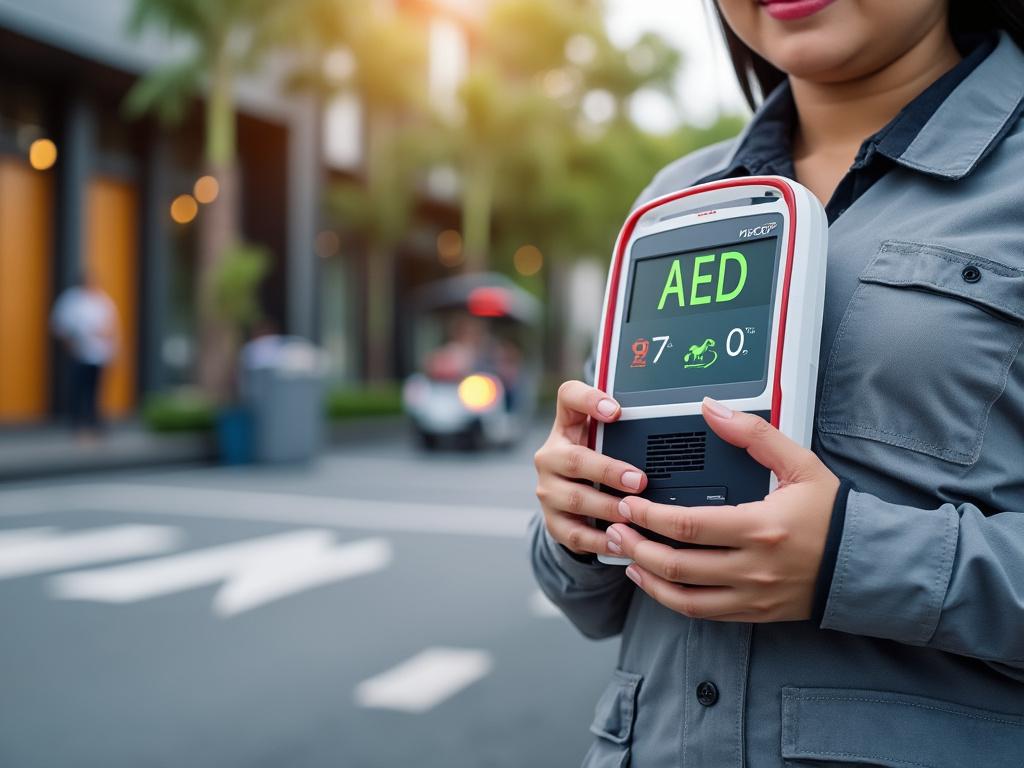 Person holding an AED device on a street, demonstrating first-aid equipment outdoors.