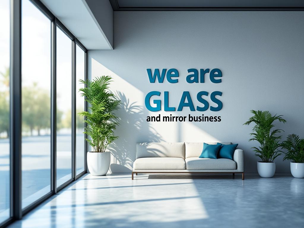 Sala de estar moderna con sofá blanco, almohadas azules y plantas en macetas, texto en la pared: 'we are glass and mirror business'.