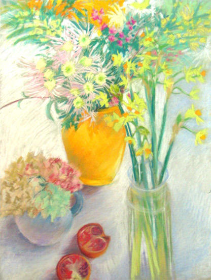 Spring flowers and a pomegranate by Katherine Tyrrell (Pastel 19.5" x 25.5")