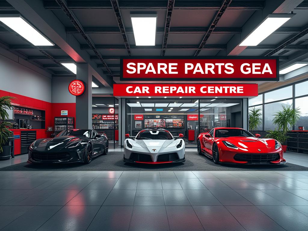 Tres autos deportivos frente a un centro de reparación de coches con letrero que dice 'Car Repair Centre'.