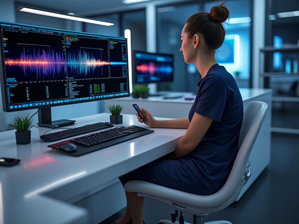 Mujer analizando datos en pantallas de computadora en una oficina moderna.