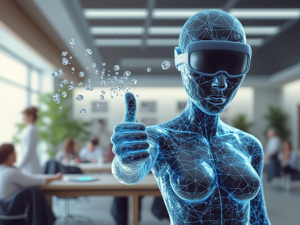 Holograma de figura femenina con visor de realidad virtual haciendo gesto de aprobación en una oficina.