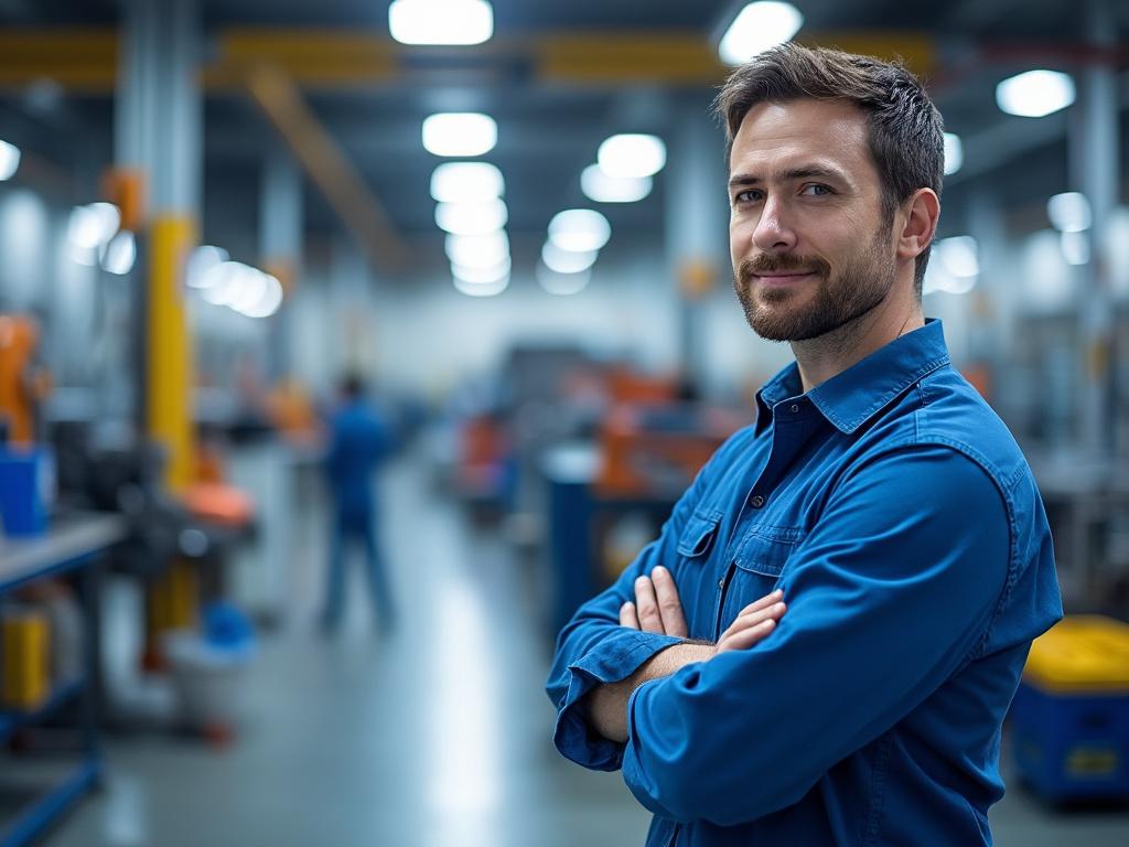 Hombre con camisa azul sonriendo en una fábrica iluminada.