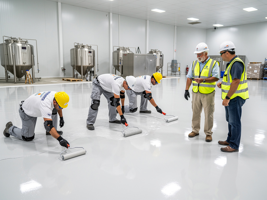 Workers applying epoxy floor coating in industrial facility with stainless steel tanks and safety supervisors
