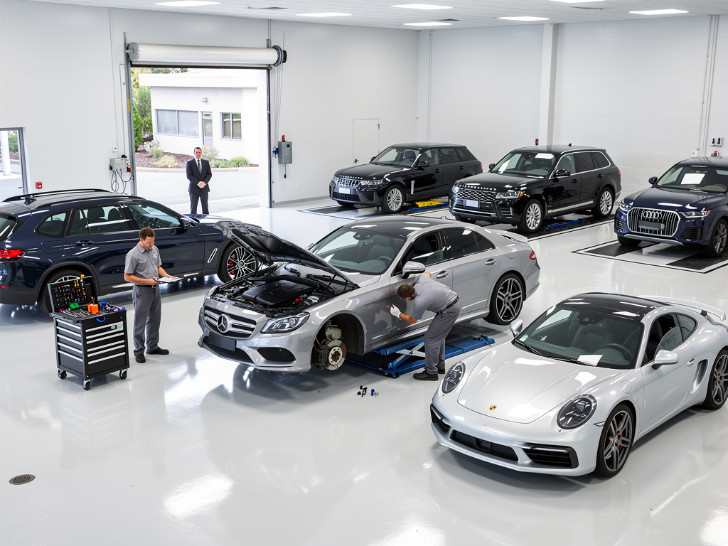 Luxury auto service center with mechanics repairing a Mercedes sedan among Porsche, Audi, BMW, and Range Rover vehicles
