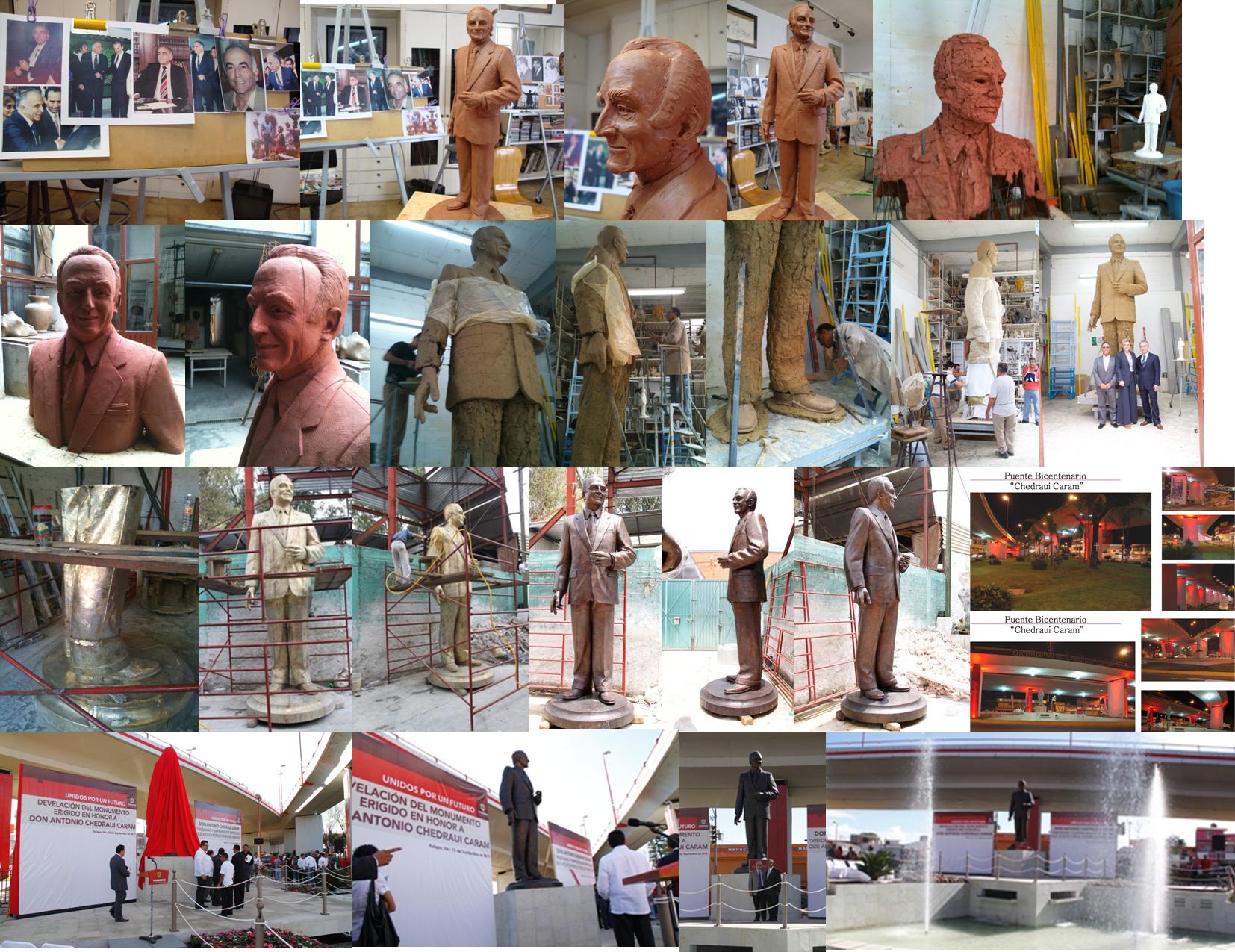 Estatuas de hombres con detalles realistas en bronce, todos con sombreros y mirada seria.