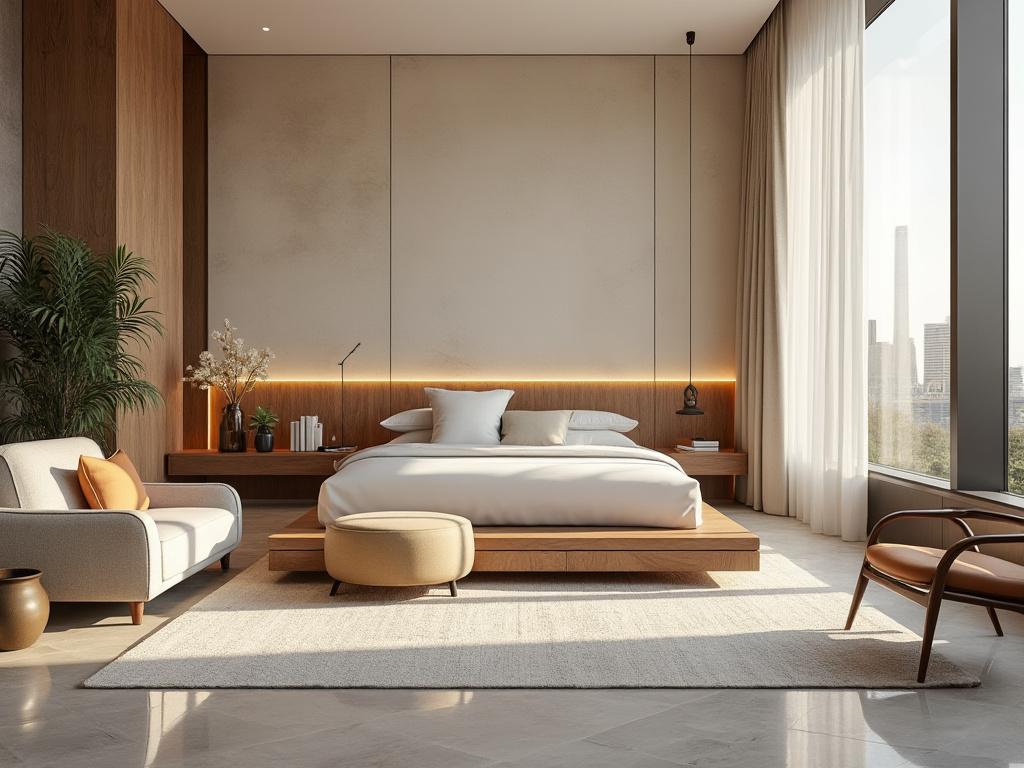 Elegante dormitorio moderno con cama de madera, sofá beige, luz natural y decoración minimalista.