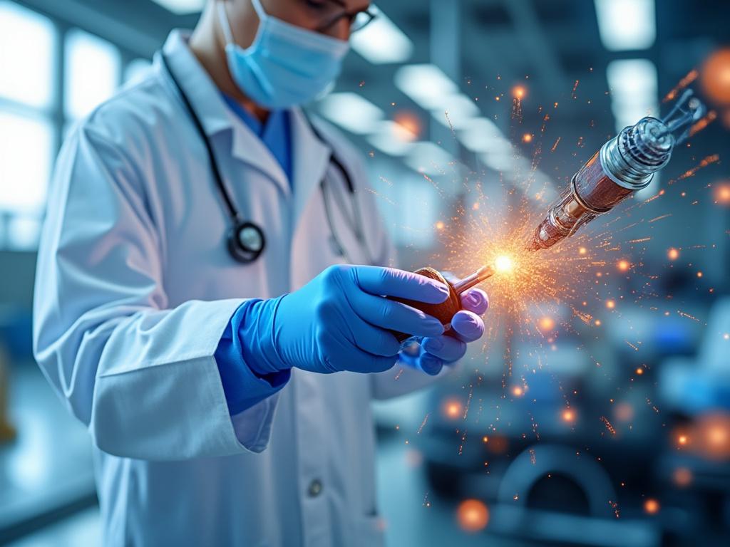 Científico en laboratorio manipulando equipo con destellos de chispas, usando bata blanca, mascarilla y guantes azules.