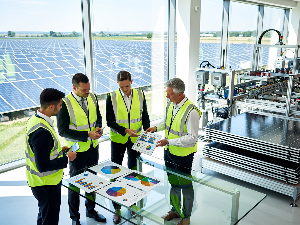 Solar energy engineers in safety vests reviewing reports inside a solar panel manufacturing facility overlooking a large solar farm
