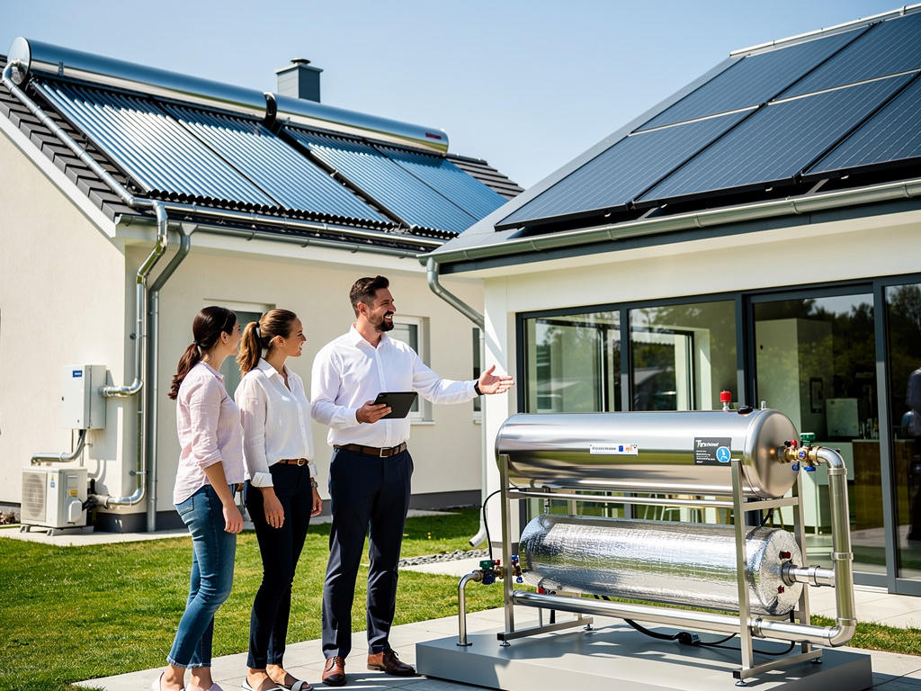 Asesor muestra sistema solar térmico y paneles solares en una vivienda moderna a dos mujeres