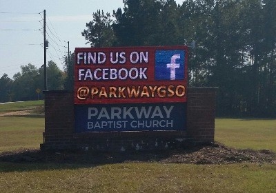 Parkway BC in Evans, GA – Retrofit old ID and changeable letter section, replaced with 16mm full color LED size 4x8 and skirting below with name.