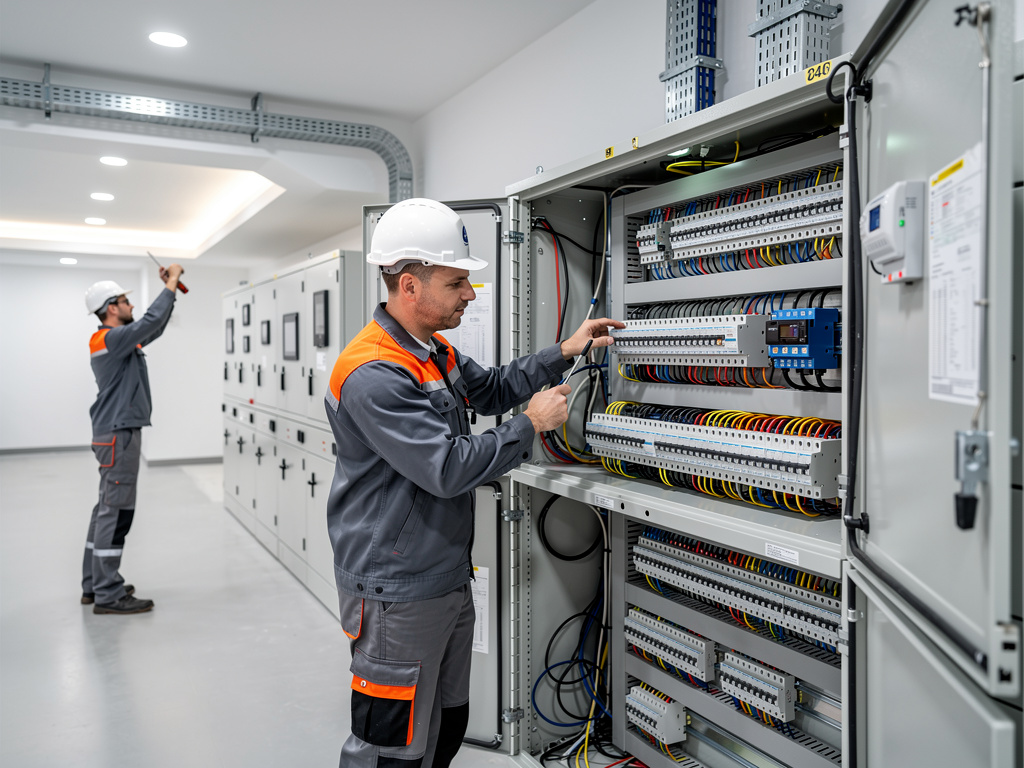 Técnicos electricistas revisando un cuadro eléctrico industrial con cables y disyuntores en sala de control