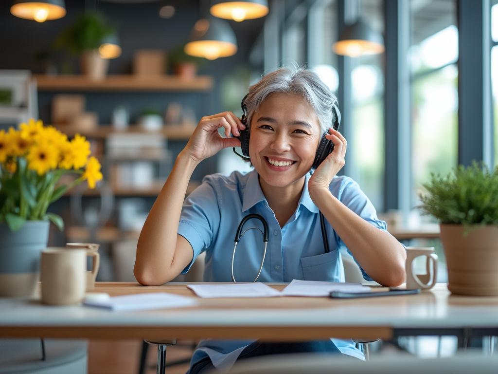 Persona mayor sonriendo con auriculares, sentada en una mesa con flores amarillas, tazas y documentos, en un espacio moderno y luminoso.