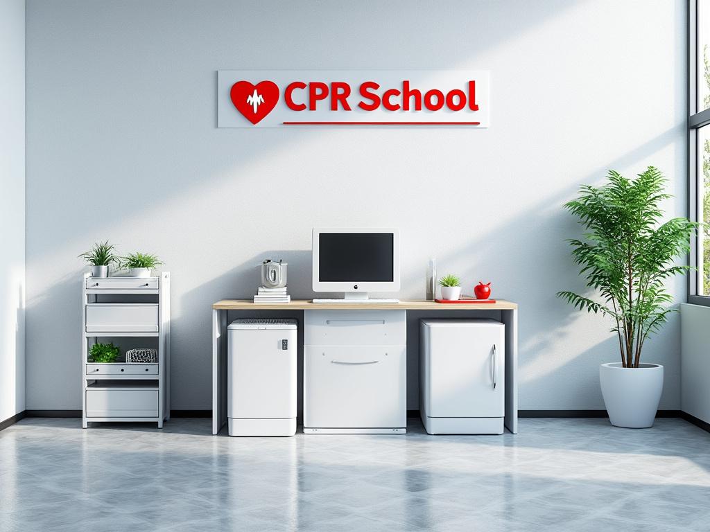 Modern CPR school office with desk, computer, plants, and red apple decor.