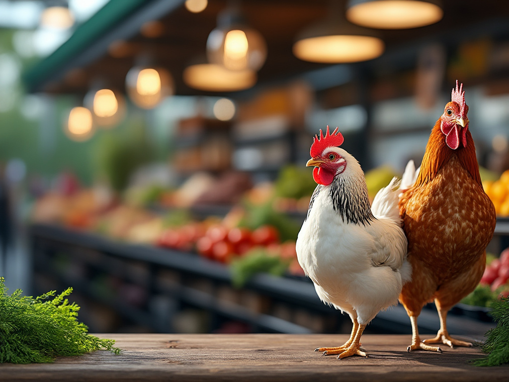 Dos gallinas de pie sobre una mesa en un mercado al aire libre con frutas y verduras de fondo.