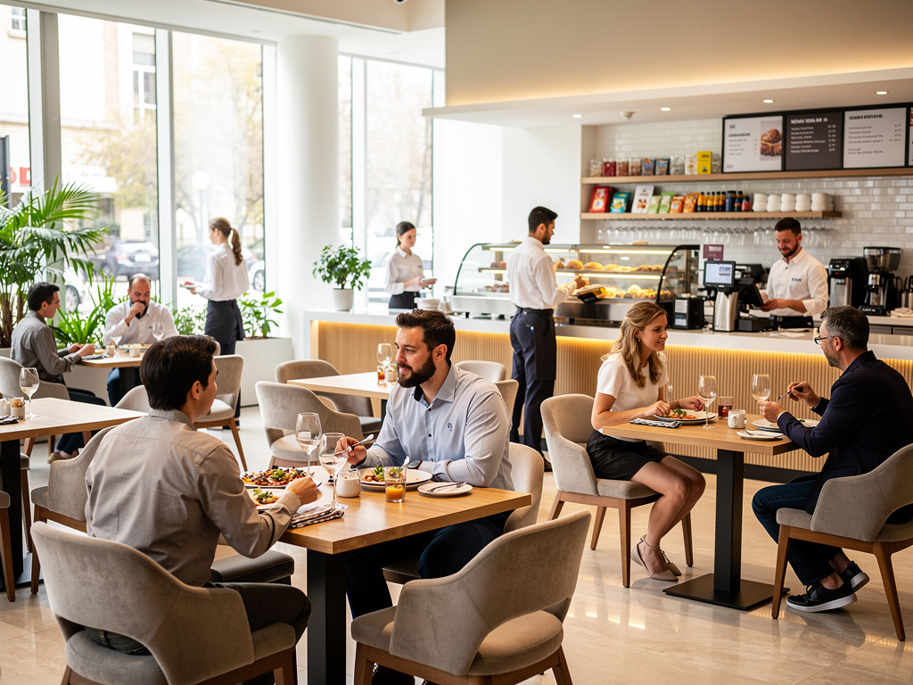 Restaurante moderno con clientes comiendo en mesas y camareros atendiendo junto a barra de cafetería iluminada