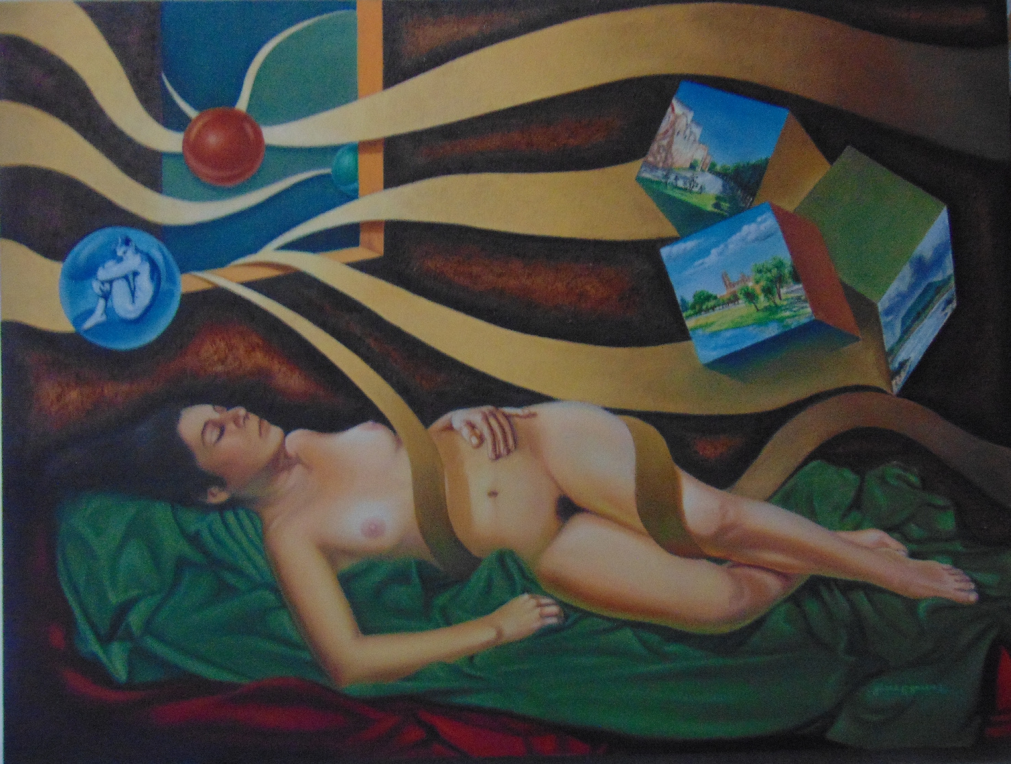 FLORES Y ESPINAS (Fragmento)
La juventud ardiente
placer delira
y un paraíso sueña,
pero es mentira
pasan los años
y al corazón abruman
los desengaños.
José Rosas Moreno
Dimensión: 90 x 120 cms.