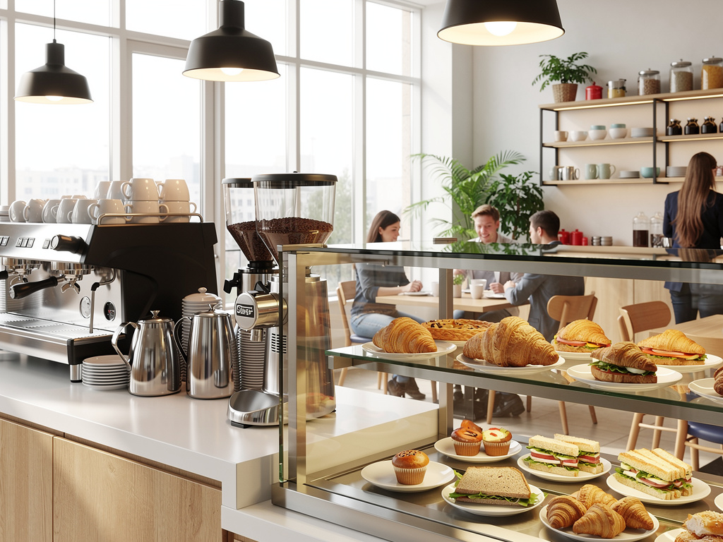 Cafetería moderna con máquina de espresso, molinillos de café y vitrina con croissants, sándwiches y pasteles Cafetería moderna con máquina de espresso, molinillos de café y vitrina con croissants, sándwiches y pasteles