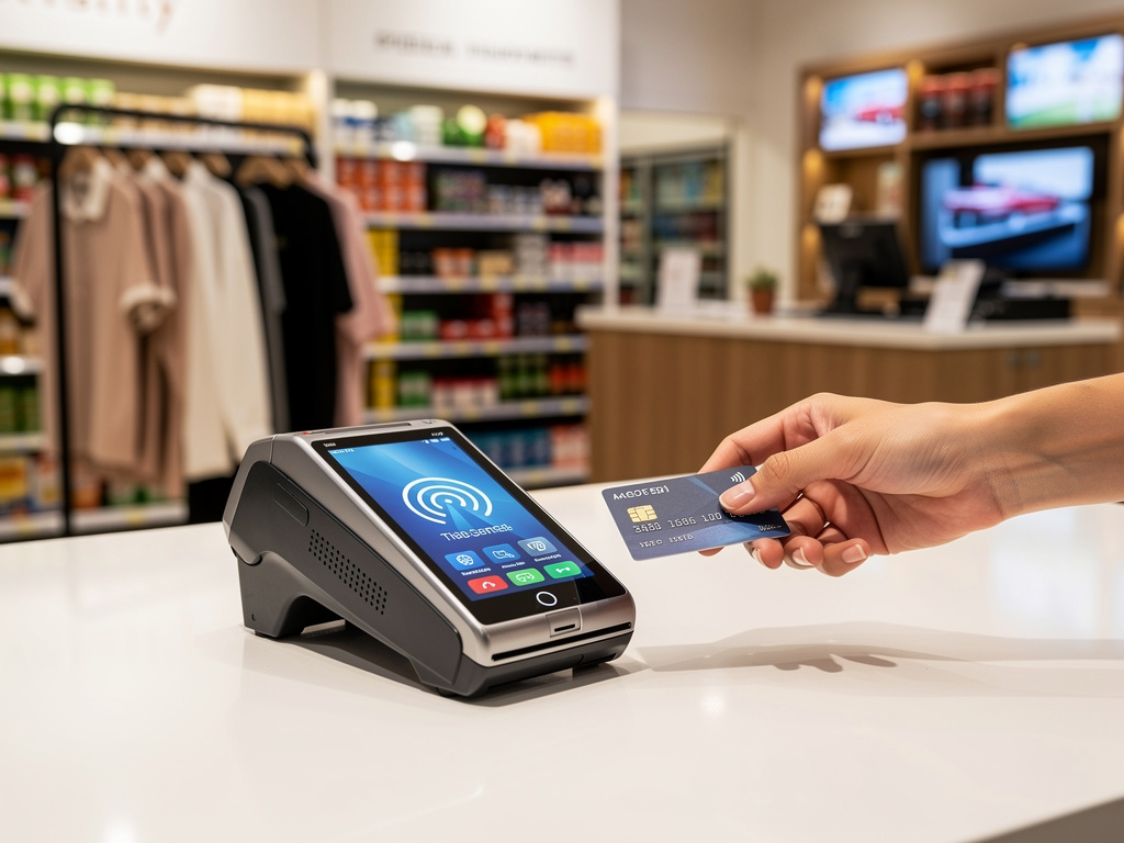 Customer making contactless credit card payment at retail store POS terminal