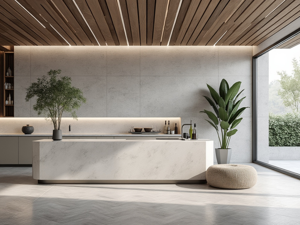 Modern minimalist kitchen with marble island, wood slat ceiling, indoor plants, concrete wall, and large glass doors