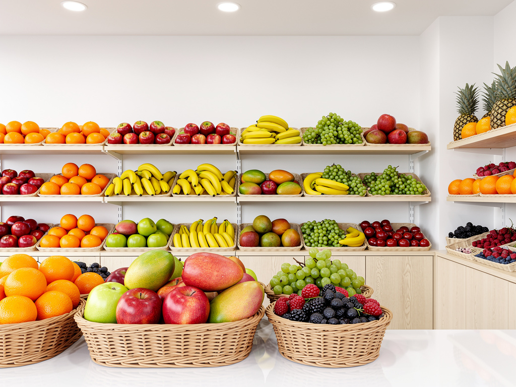 Frutería con cestas de frutas frescas: naranjas, manzanas, plátanos, uvas, mangos y frutos rojos en estanterías