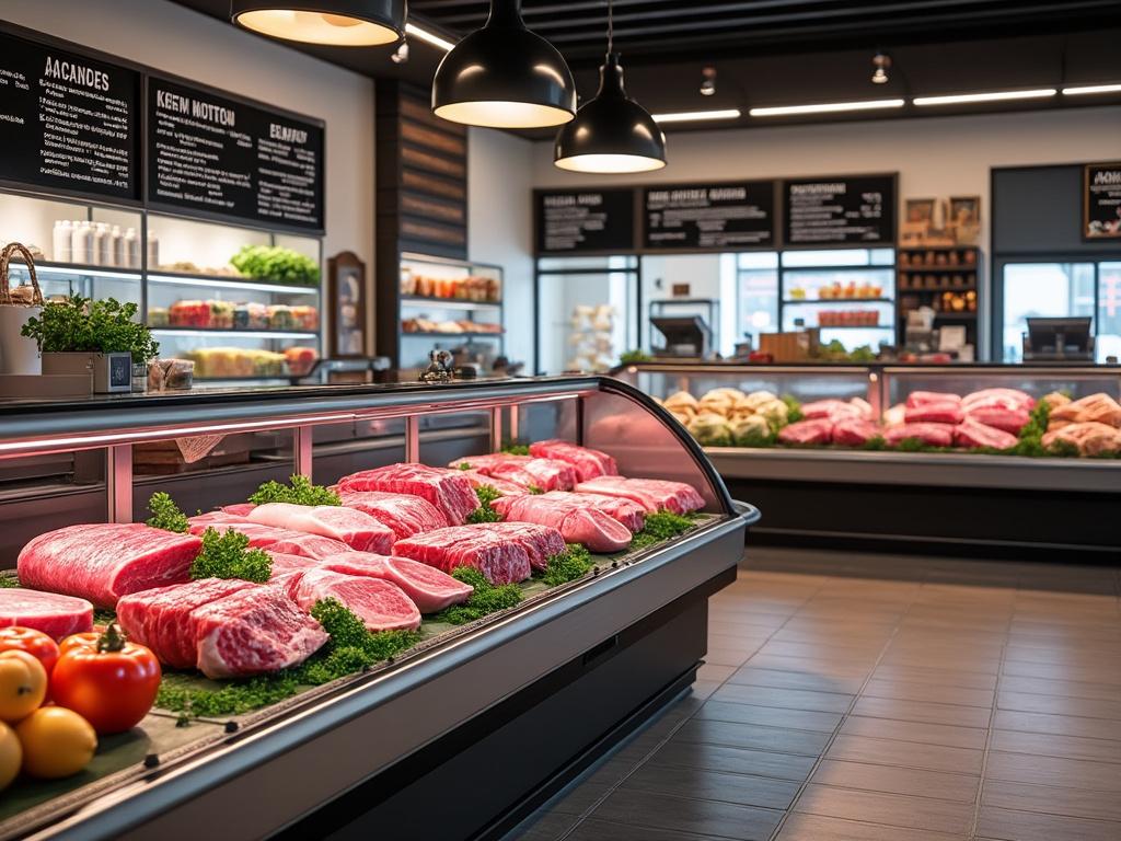Mostrador de carnicería con cortes de carne frescos expuestos, tomates y decoración de vegetales, iluminación colgante y estantes de productos al fondo. Mostrador de carnicería con cortes de carne frescos expuestos, tomates y decoración de vegetales, iluminación colgante y estantes de productos al fondo.