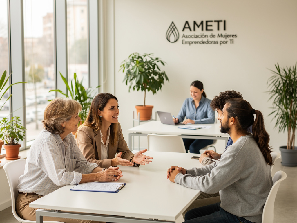 Reunión de asesoría para emprendedores en oficina de AMETI con mujeres profesionales y jóvenes conversando