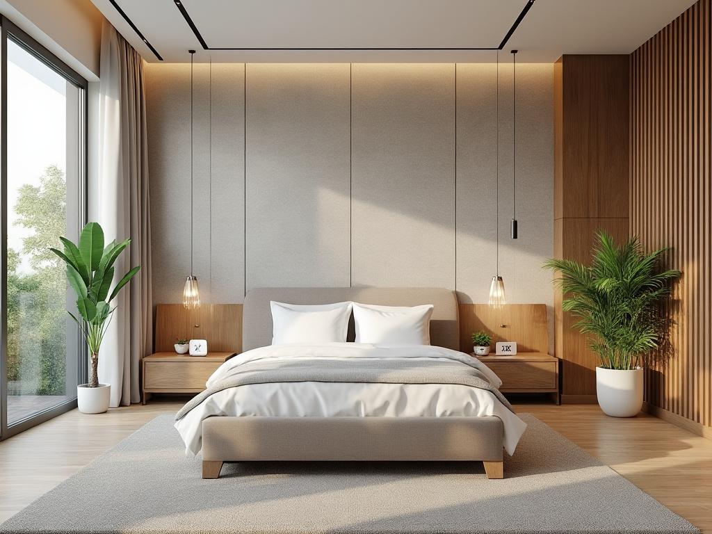 Dormitorio moderno con cama doble, plantas en macetas, grandes ventanales y lámparas colgantes.