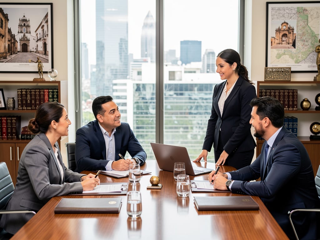 Abogados en reunión corporativa en sala de juntas moderna con vista a la ciudad, laptops y documentos legales