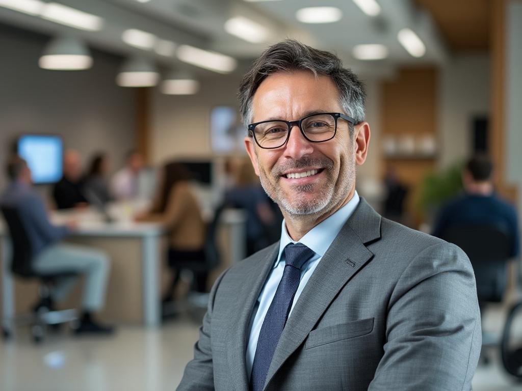 Smiling businessman in a modern open-plan office with colleagues working in the background.
