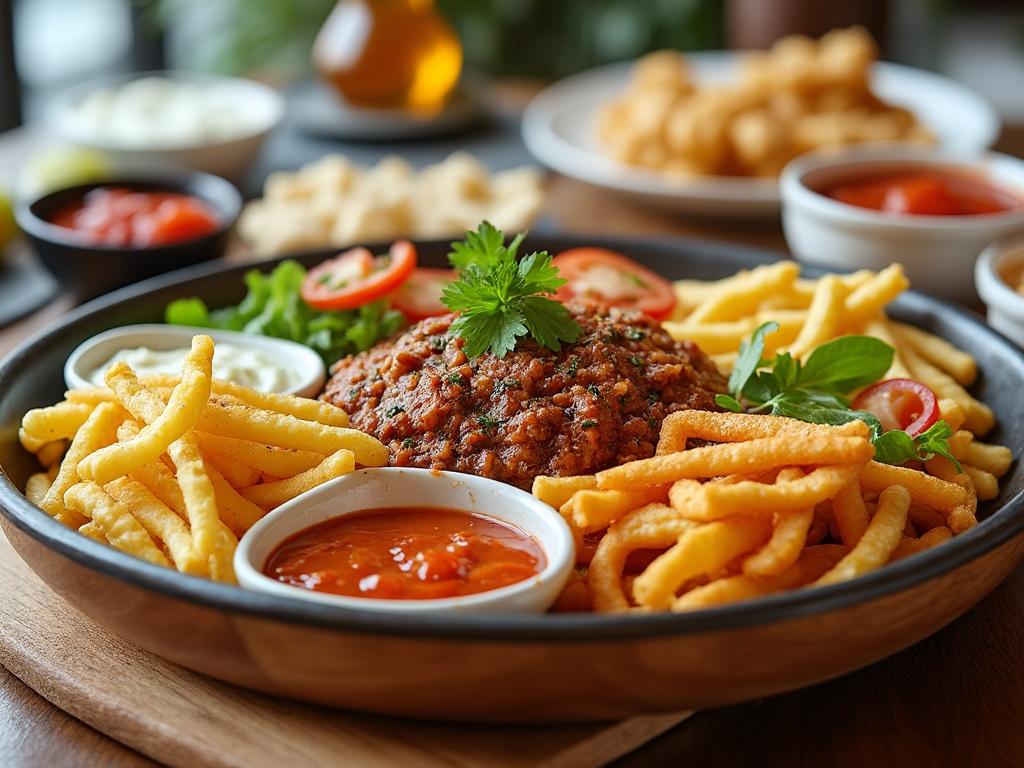 Plato de carne molida con papas fritas, guarniciones de tomate y salsa roja, decorado con hierbas frescas.