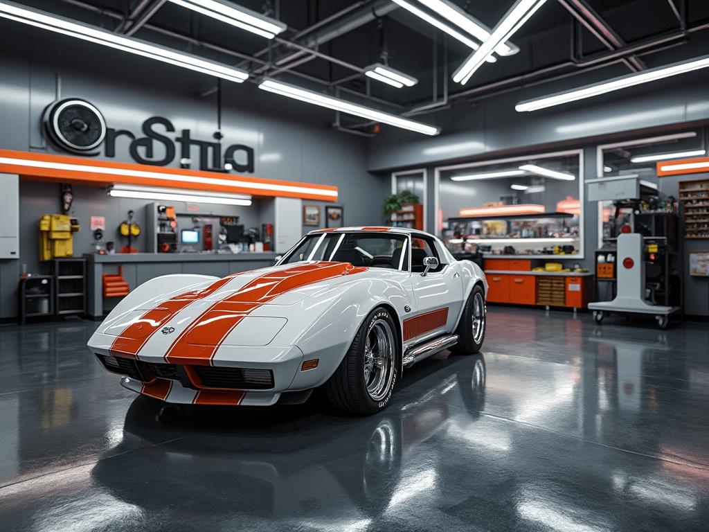 Classic white and orange sports car in a modern garage with bright lighting and automotive tools visible.