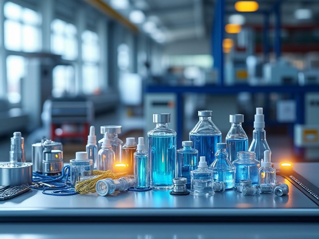 Frascos y botellas de laboratorio con líquido azul en una mesa, en un entorno industrial.
