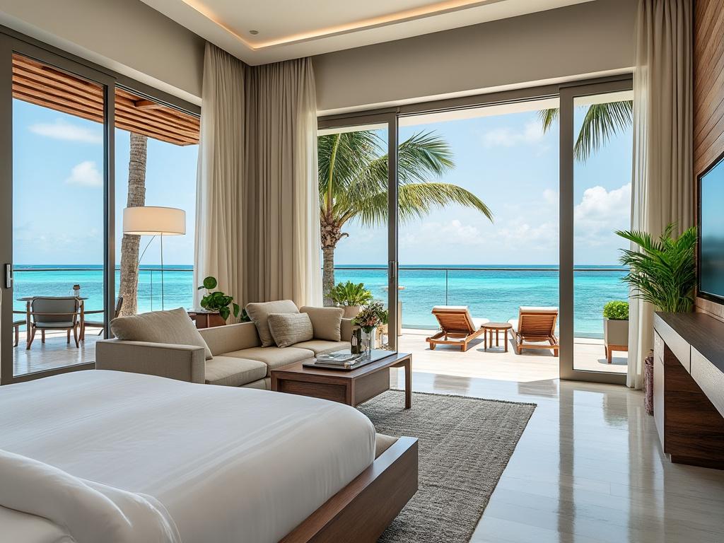 Habitación de hotel lujosa con vista al mar, muebles modernos y terraza con sillas junto a la playa tropical.