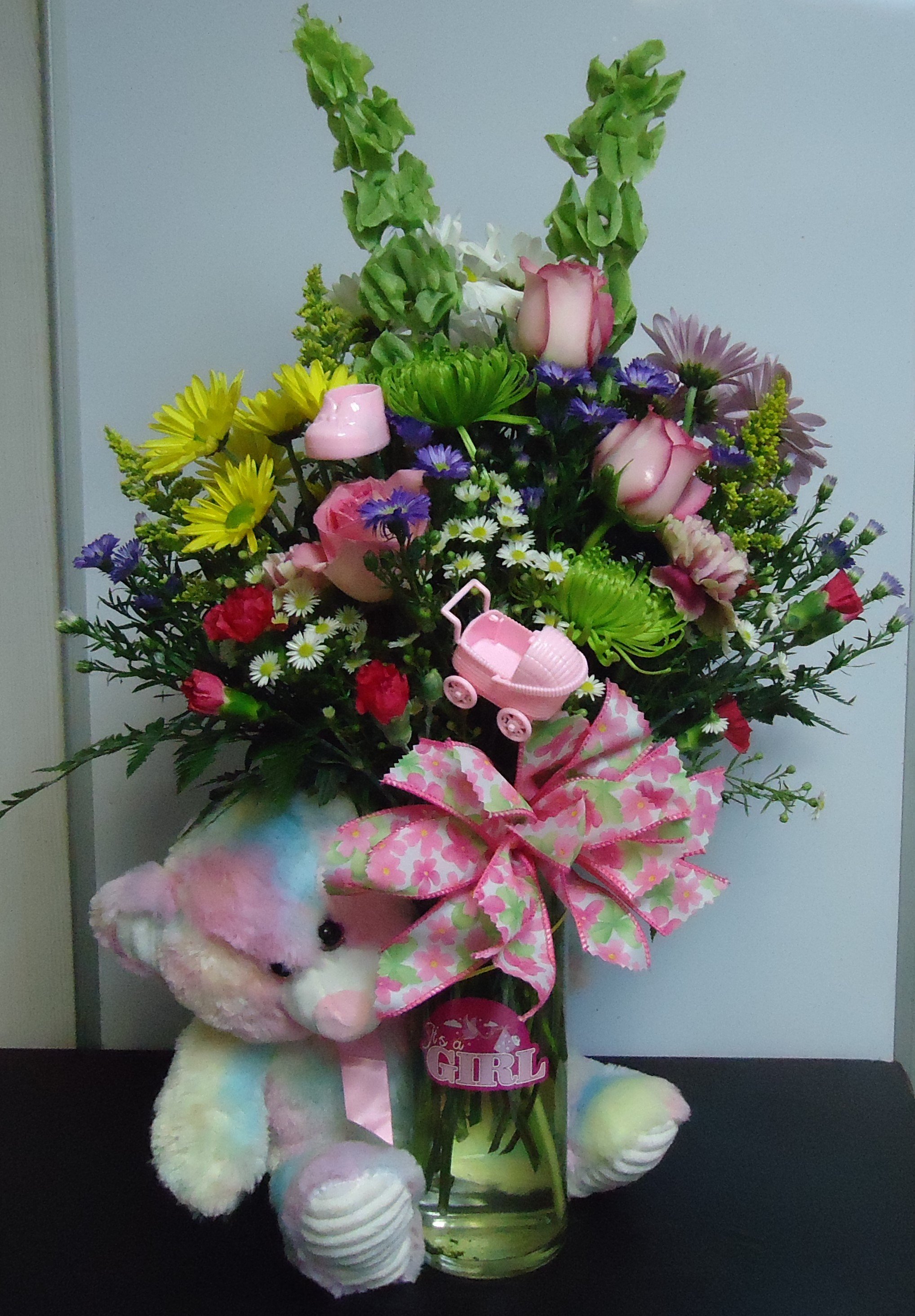 (10)  (Designer's Choice)
 Fresh Mix Vase
    W/ Plush Bear
   $125.00  (Girl or Boy)