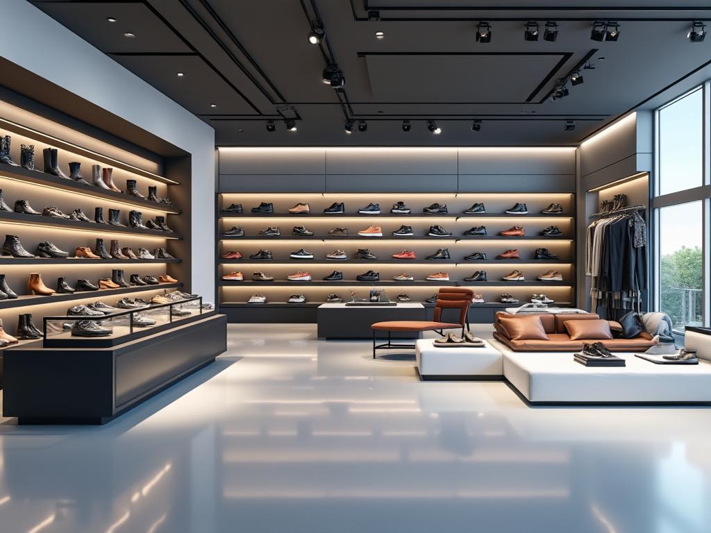 Interior de una tienda moderna de calzado con estantes iluminados llenos de zapatos y una sección de ropa al fondo, con muebles elegantes en la sala de exposición.