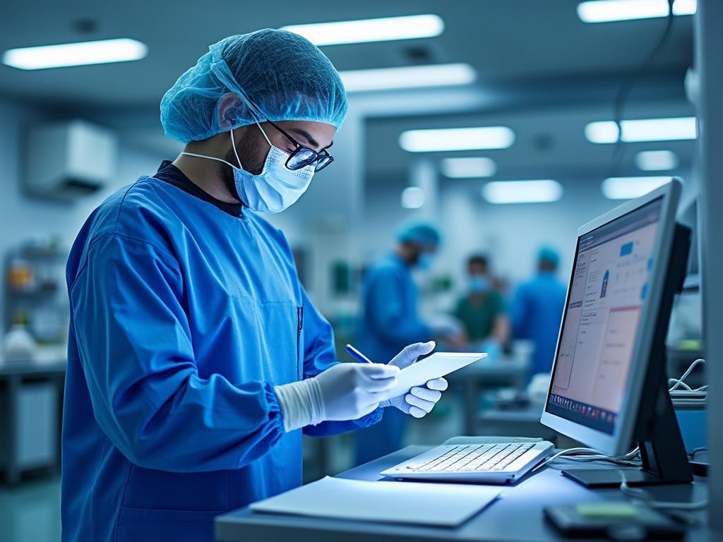 Personal médico en quirófano revisando notas frente a una computadora.
