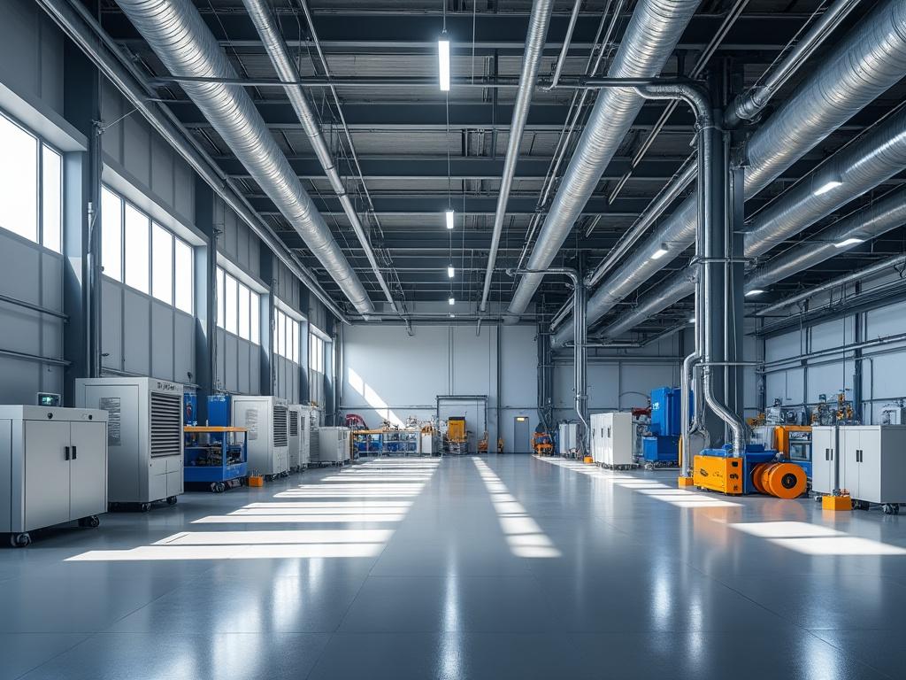 Interior de una fábrica moderna con grandes ventilaciones y maquinaria industrial, iluminada por la luz del día.