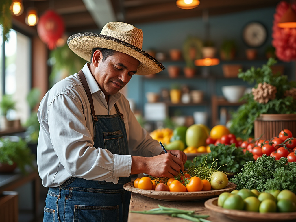 Hombre con sombrero de paja y delantal escribiendo en un puesto de frutas y verduras frescas.