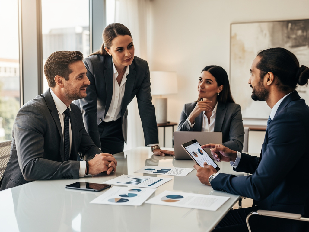 Equipo de negocios en reunión analizando gráficos financieros y datos en tableta en oficina moderna